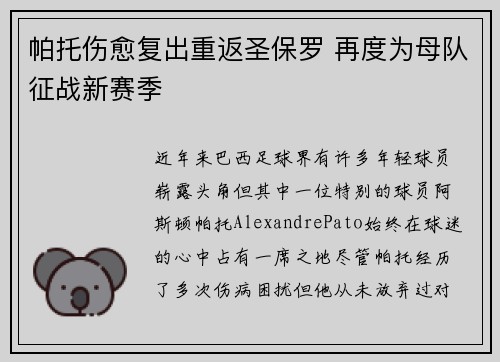 帕托伤愈复出重返圣保罗 再度为母队征战新赛季