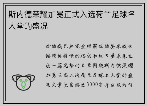 斯内德荣耀加冕正式入选荷兰足球名人堂的盛况 斯内德荣耀加冕正式入选荷兰足球名人堂的盛况