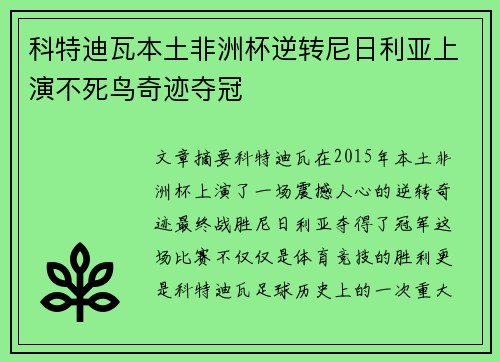 科特迪瓦本土非洲杯逆转尼日利亚上演不死鸟奇迹夺冠